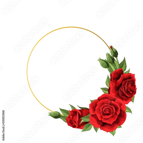 Wedding invitation delicate red roses on circle frame with empty space