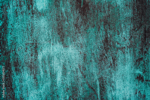 Textured vintage striped concrete blue wall. Cold metal background rusty and neon tones in grunge style. Top view. The surface of the shooting table lay flat. Copy space