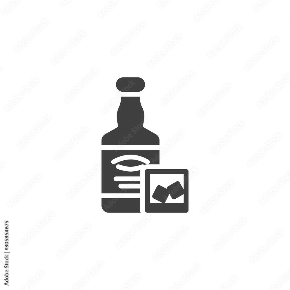 Whiskey bottle and glass vector icon. filled flat sign for mobile concept and web design. Iced brandy alcoholic cocktail glyph icon. Bar beverages symbol, logo illustration. Vector graphics Whiskey bottle and glass vector icon. filled flat sign for mobile concept and web design. Iced brandy alcoholic cocktail glyph icon. Bar beverages symbol, logo illustration. Vector graphics