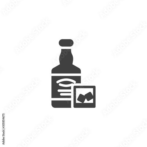 Whiskey bottle and glass vector icon. filled flat sign for mobile concept and web design. Iced brandy alcoholic cocktail glyph icon. Bar beverages symbol, logo illustration. Vector graphics