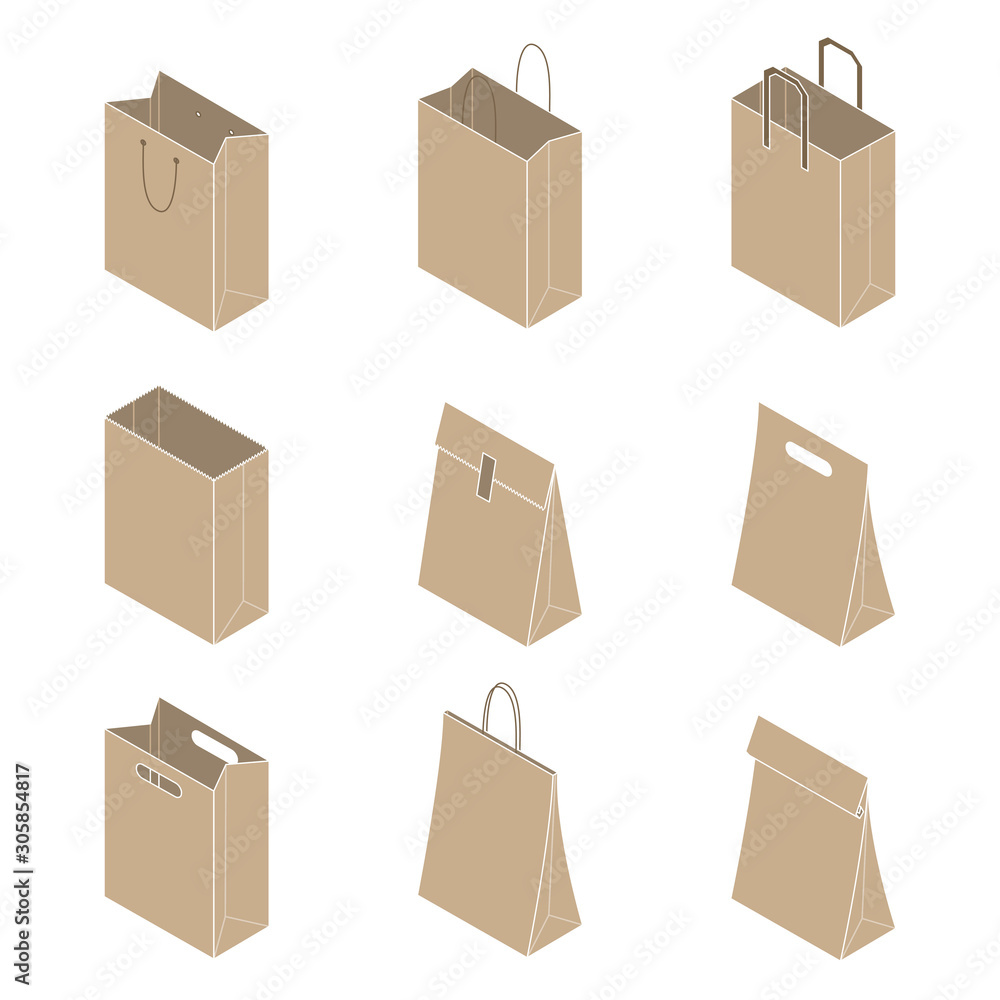 Collection of craft paper bags isolated on white background. Vector illustration Collection of craft paper bags isolated on white background. Vector illustration