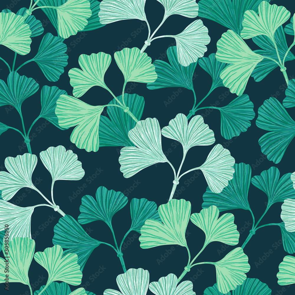 Gingko pattern. Digital gingko seamless pattern can be used as print, textile, wrapping paper, fabric, element design.