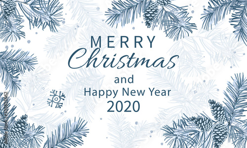 Blue Christmas tree branches and pine cones on white background, typography.