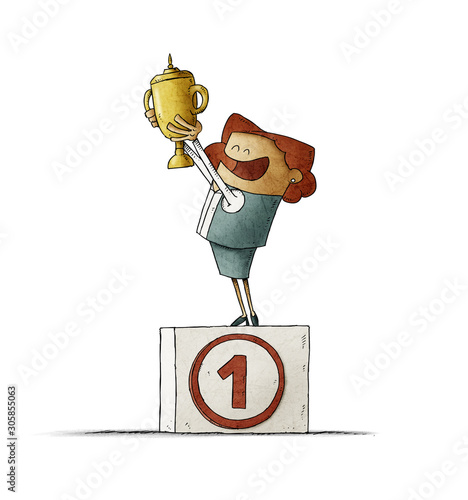 Business woman on a podium with the number one lifts a trophy with her hands....