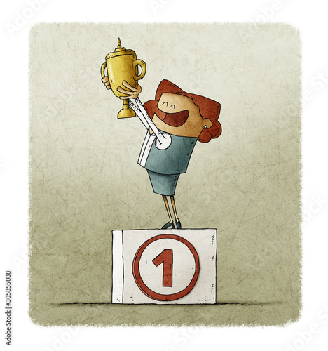 Business woman on a podium with the number one lifts a trophy with her hands.