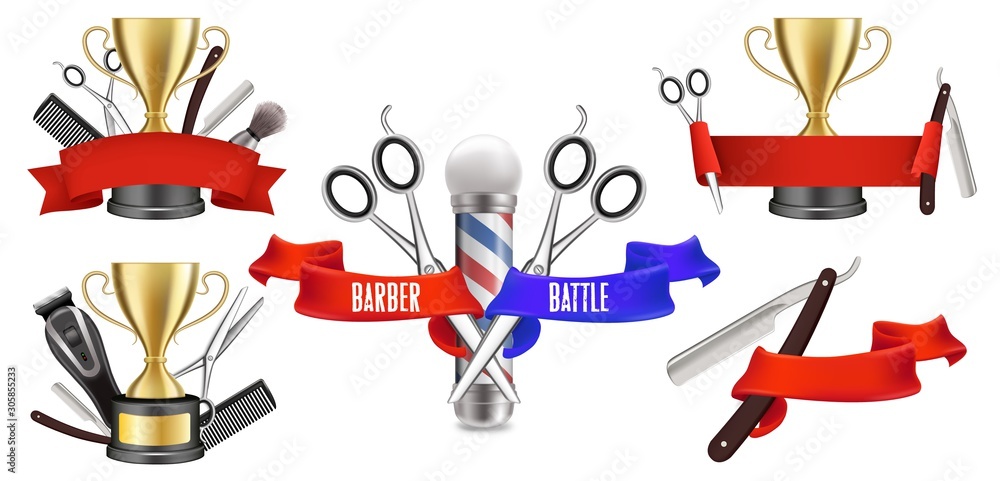 Fototapeta premium Barber competition logo, emblem set, vector isolated illustration