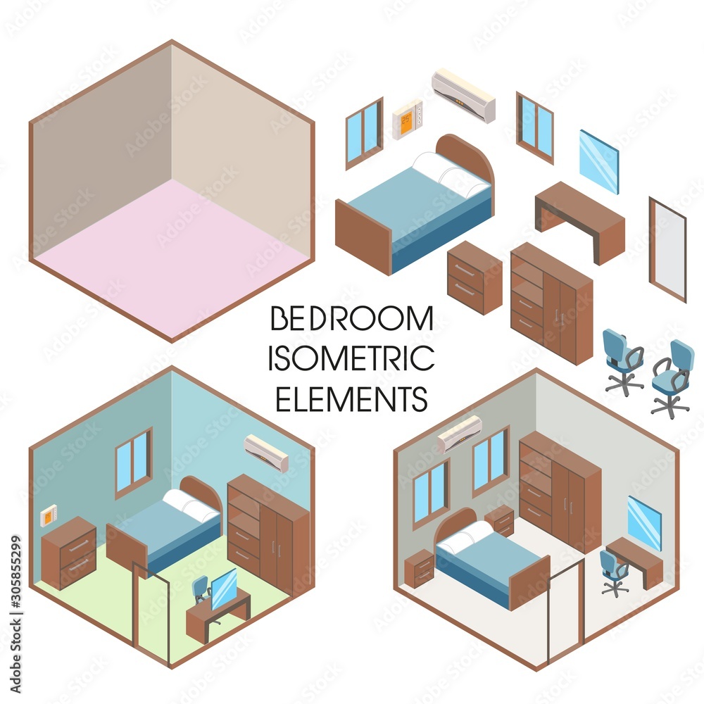 Bedroom interior constructor, vector flat isometric illustration