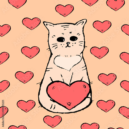 Sad cat with hearts on a coral background. Seamless pattern.