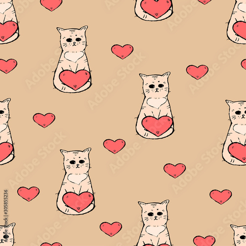 Sad cats with hearts on a coral background. Seamless pattern.