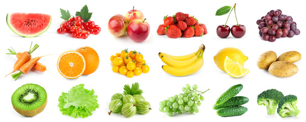 Collection of color fruits and vegetables on white