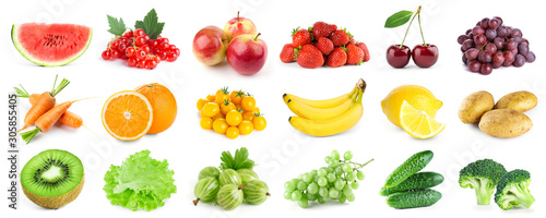 Collection of color fruits and vegetables on white