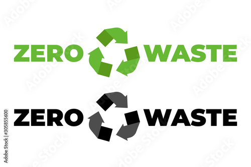 Zero waste text sticker over green trash can with recycling sign. Vector illustration