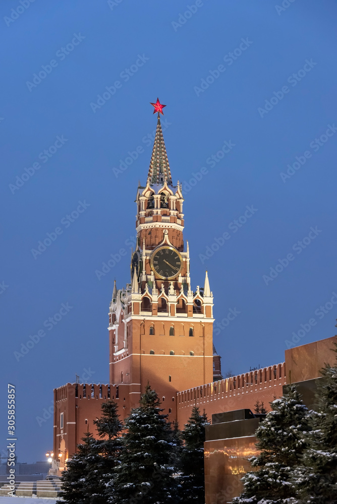 Spasskaya Tower and Mausoleum of Lenin on Red Square in Moscow. Night view