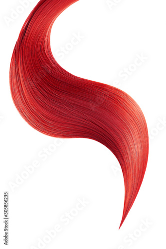 Red shiny hair on white background, isolated. Long ponytail
