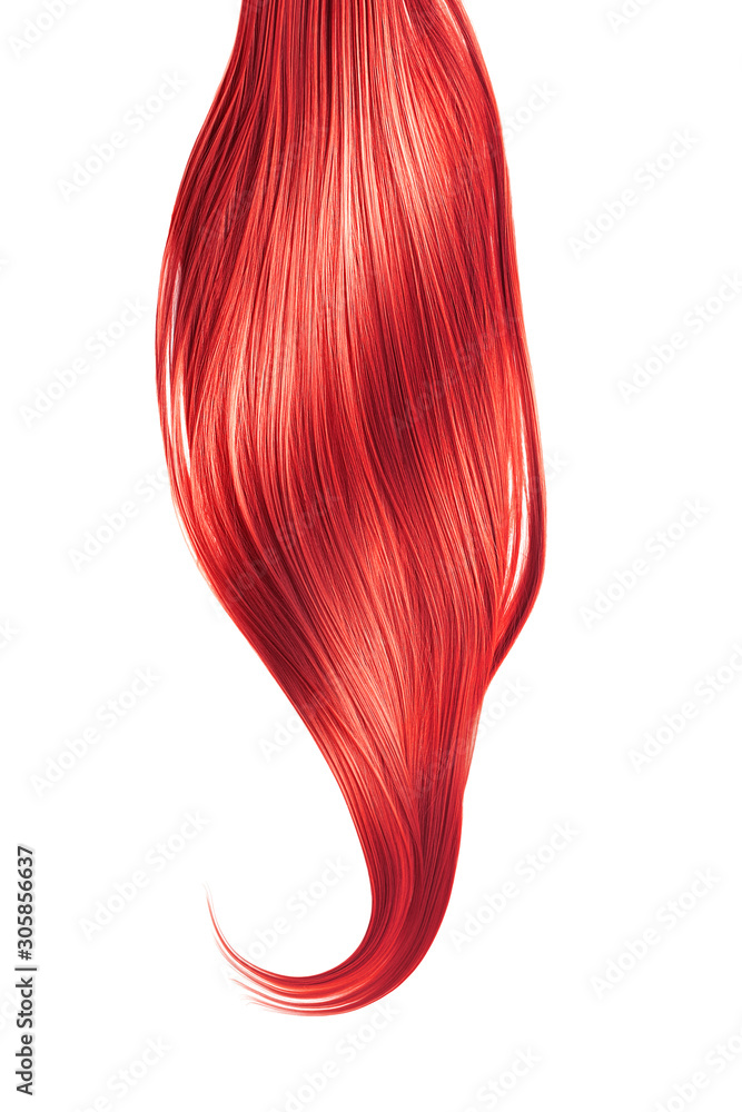 Red shiny hair on white background, isolated. Long ponytail Red shiny hair on white background, isolated. Long ponytail