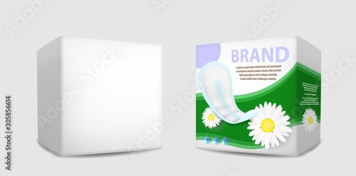 Sanitary napkin packaging box mockup set, vector isolated illustration