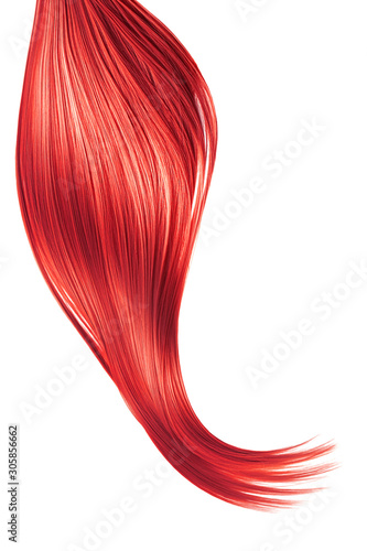 Red shiny hair on white background, isolated. Long ponytail