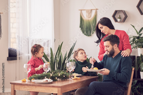 Family Together Christmas Celebration Concept. Family Enjoying christmas dinner background