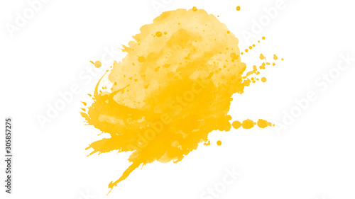 Beautiful yellow watercolor splatter isolated on white background. Yellow brush isolated on white
