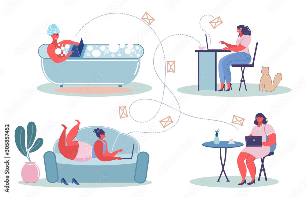 Young women chatting using laptop computers, vector flat illustration Young women chatting using laptop computers, vector flat illustration