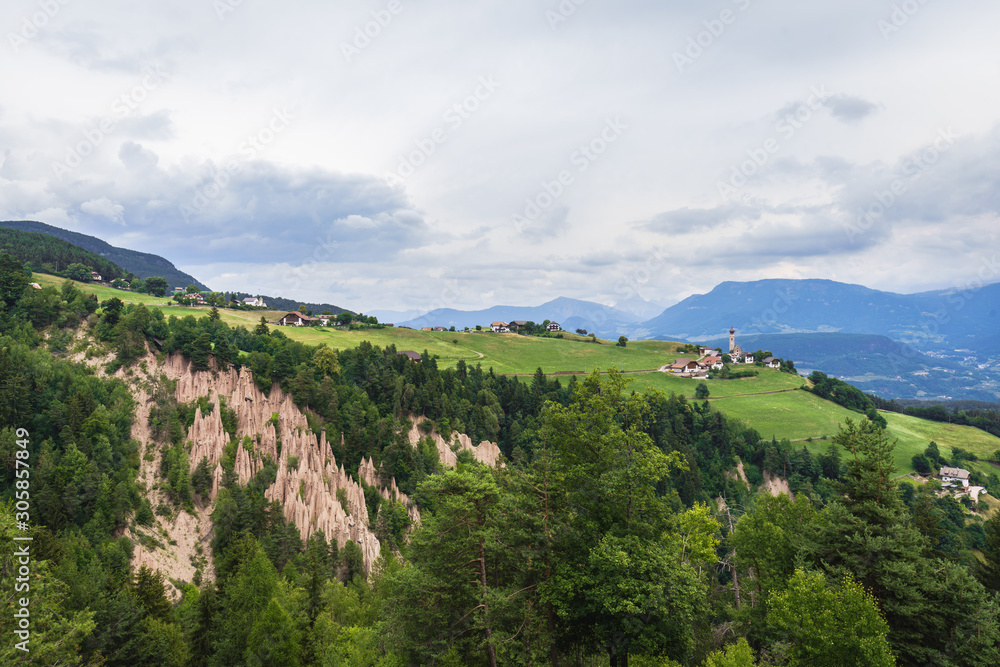 Earth pyramids at the Ritten near Lengmoos in Dolomites, South Tyrol, Italy