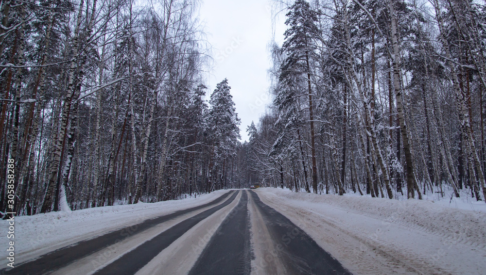 Obraz premium Asphalt road in the forest covered with snow