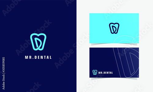 D dental care logotype vector with business card template design for branding identity
