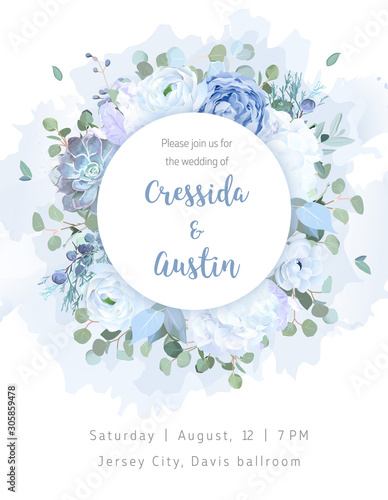Dusty blue rose, white hydrangea,ranunculus, eucalyptus, succulent