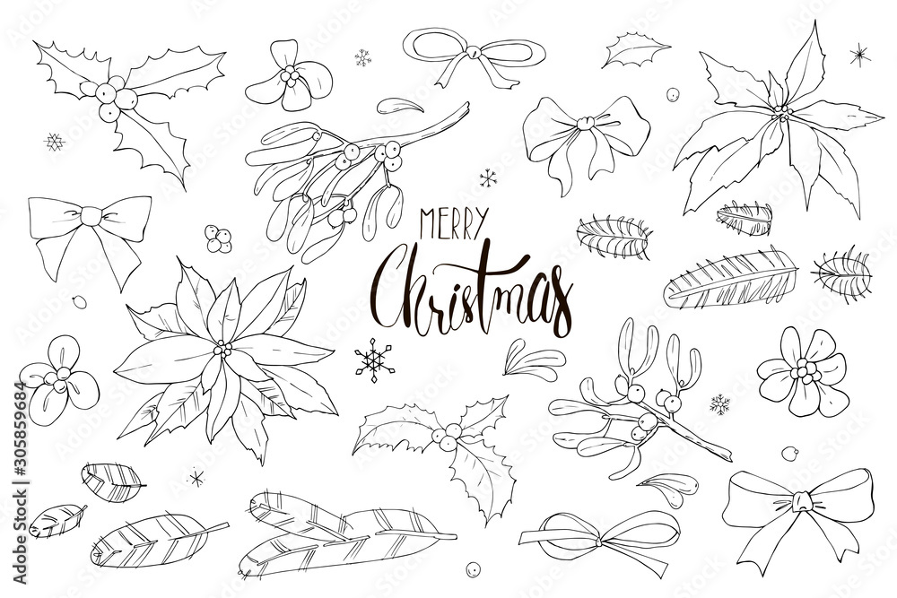 Christmas set from colorless festive doodles with snowflakes. Vector set. For printed materials, prints, posters, cards,  coloring book. Holiday background. Hand drawn decorative elements. 