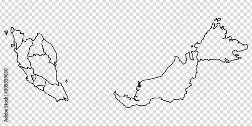 Blank map of Malaysia. High quality map of  Malaysia with provinces on transparent background for your web site design, logo, app, UI. Asia. Stock vector.  EPS10. 