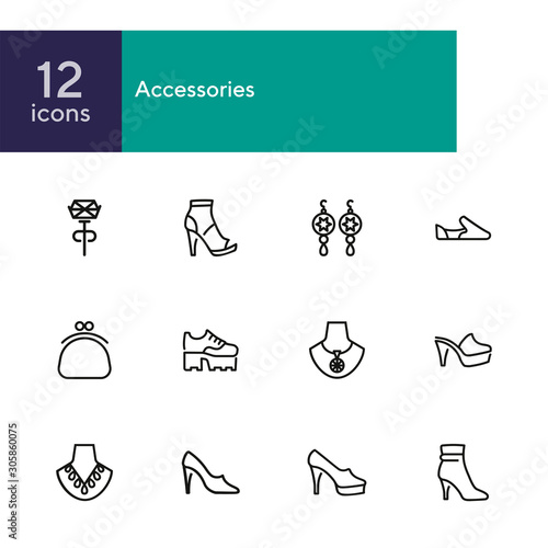 Accessories line icon set. Shoes, purse, necklace. Fashion concept. Can be used for topics like style, trend, jewelry