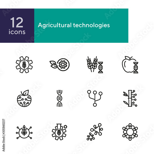 Agricultural technologies line icon set. Set of line icons on white background. Biotechnology concept. DNA structure, appe, chemistry. Vector illustration can be used for topics like science, biology