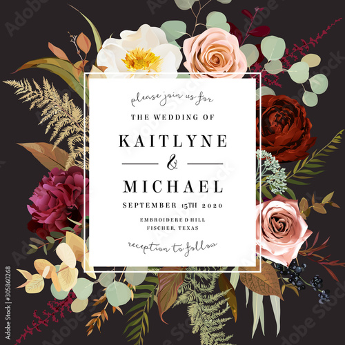 Rust orange rose, peony, ranunculus, burgundy astilbe, fern, eucalyptus vector design