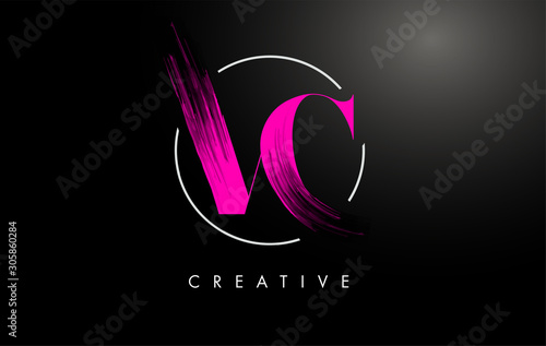 Pink VC Brush Stroke Letter Logo Design. Pink Paint Logo Leters Icon.