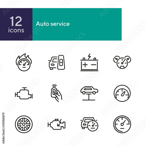 Auto service icon. Set of line icon on white background. Speedometer, engine, wheel. Car mechanics concept. Vector illustration can be used for topics like transportation, service, cars