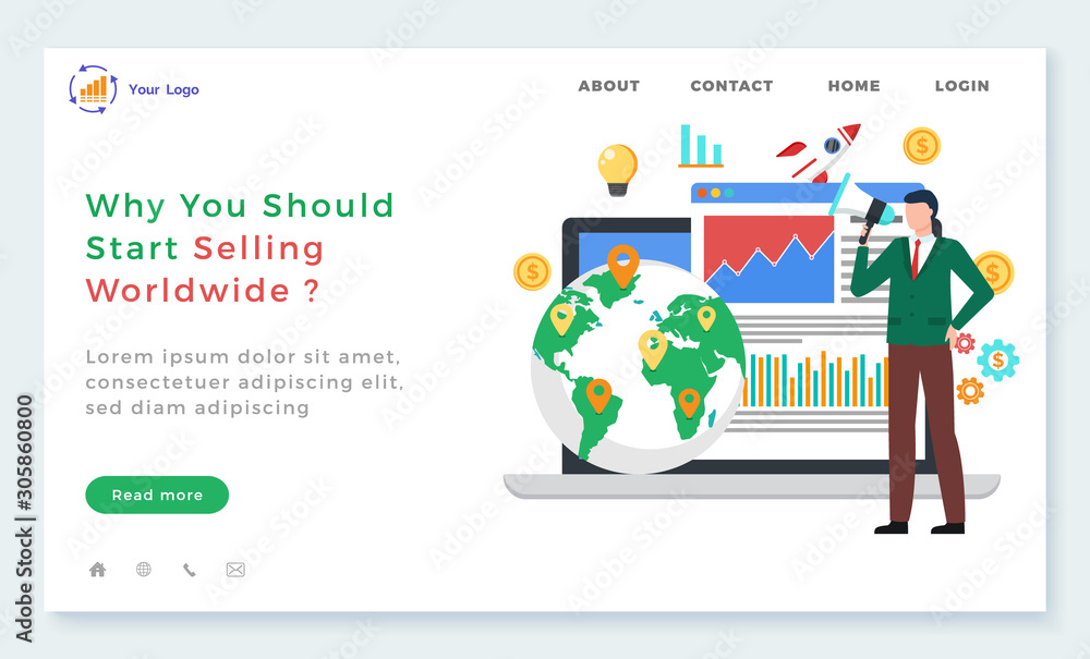 Why you should selling worldwide, man with megaphone, globe with location, graph report. Communication with laptop, international partnership vector. Website or webpage template, landing page Why you should selling worldwide, man with megaphone, globe with location, graph report. Communication with laptop, international partnership vector. Website or webpage template, landing page