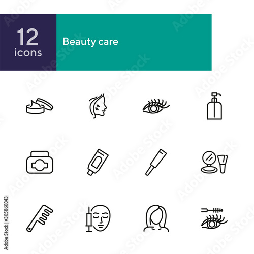 Beauty care line icon set. Cream, eyelashes, mascara, botox. Beautician concept. Can be used for topics like beauty salon, cosmetic products, face lifting