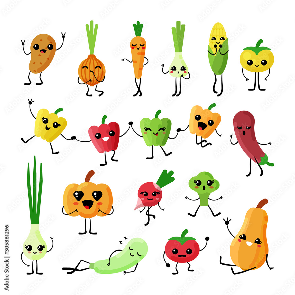 Plakat Słodkie warzywa kawaii płaskie znaki wektor zestaw