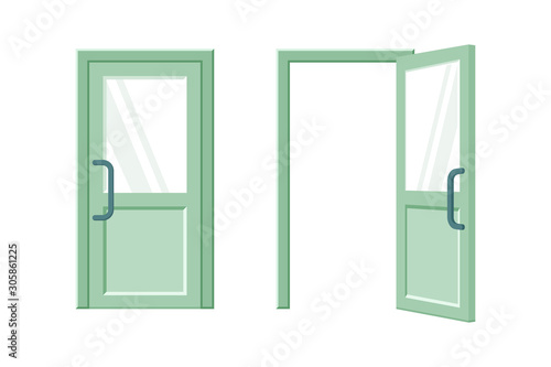 Open and closed green door flat vector illustration