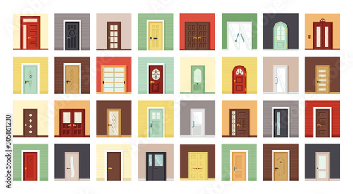 Exterior and interior doors flat vector illustrations set
