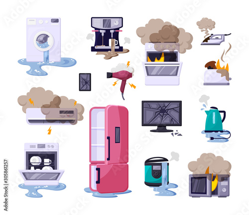 Broken home appliances flat vector illustrations set