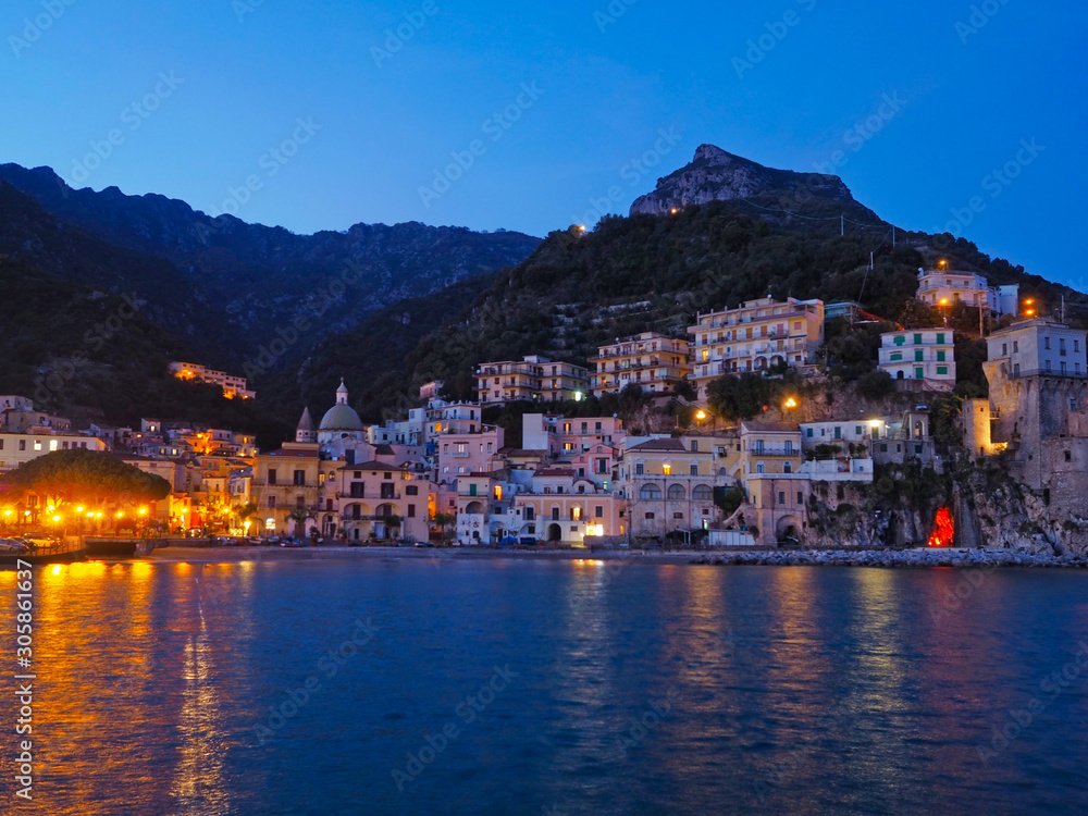 Night view of a seaside village in the Amalfi coast, Italy