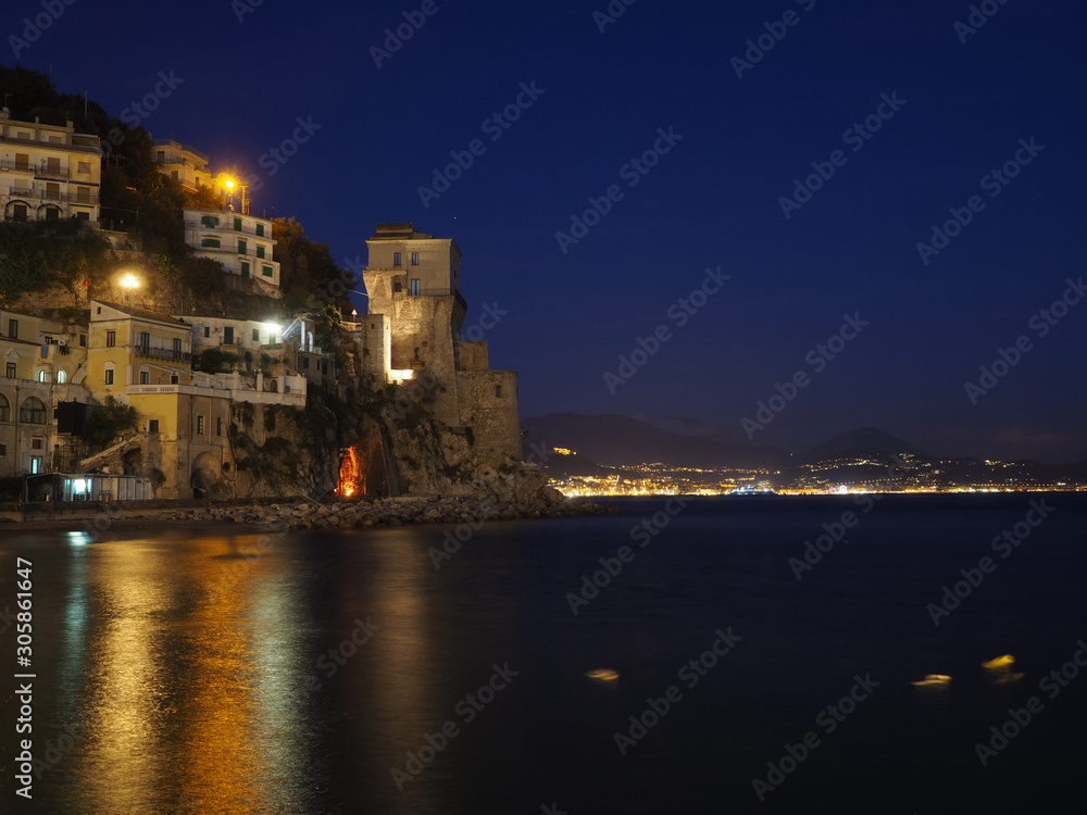 Night view of a seaside village in the Amalfi coast, Italy