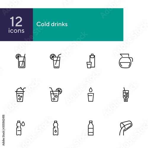 Cold drinks line icon set. Lemonade, cocktail, bottle, straw. Drink concept. Can be used for topics like summer, bar menu, cafe