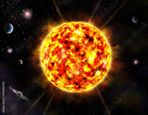 Bright yellow huge sun shining in space among the planets