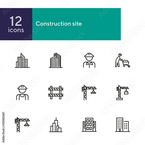 Construction site line icon set. Building, worker in helmet, crane. Construction concept. Can be used for topics like real estate development, work, housebuilding, property