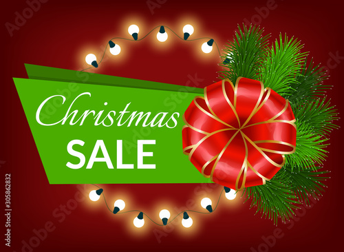 Xmas sale promotional banner for winter holidays shopping. Garlands and pine tree branches with ribbon bow and calligraphic inscription. New year proposition from shops. Clearance ads vector