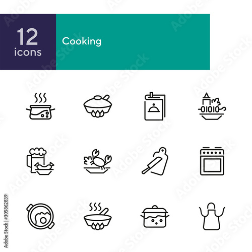 Cooking line icon set. Set of line icons on white background. Kitchenware concept. Knife, frying pan, stewing. Vector illustration can be used for topics like cooking, food, kitchen