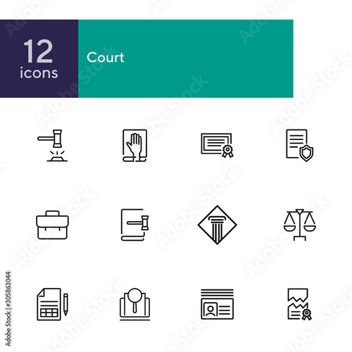 Court line icon set. Gavel, oath, scale. Law concept. Can be used for topics like courthouse, trial, crime