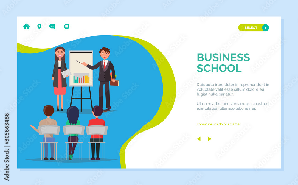 Business school vector, presenter with information gathered for people to learn. Infocharts on whiteboard, teachers and coaches mentoring. Website or webpage template, landing page flat style